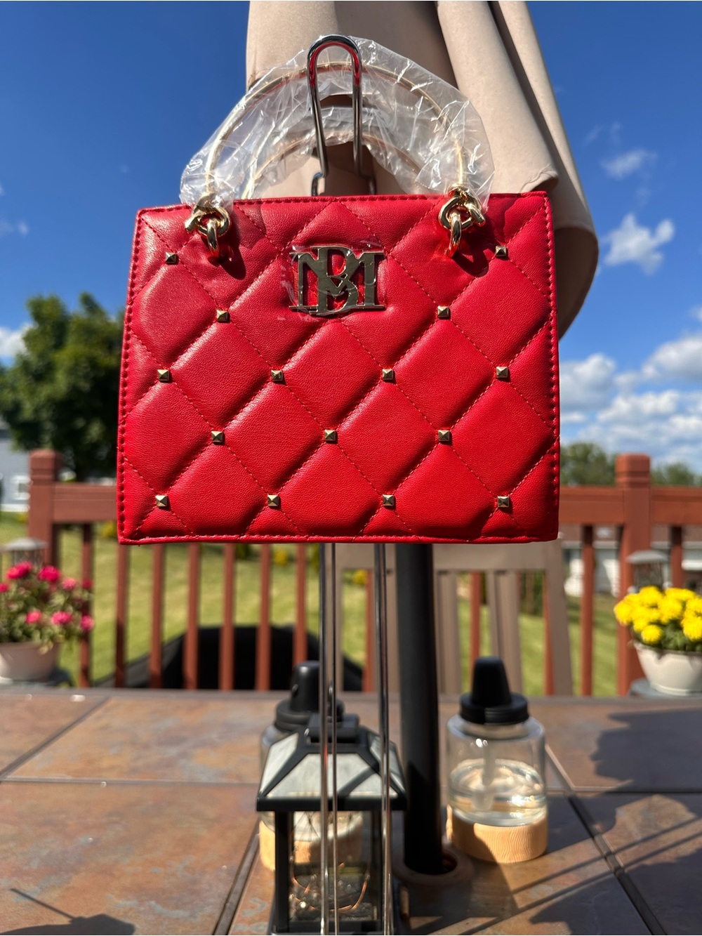 Badgley Mischka Quilted Red Studded Mini Box Tote Bag with Gold Hardware NWT